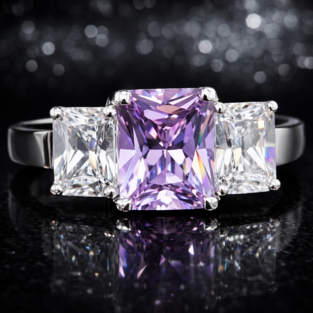 Radiant emerald Cut Lavender Purple ladies Cz Diamond statement cocktail Ring